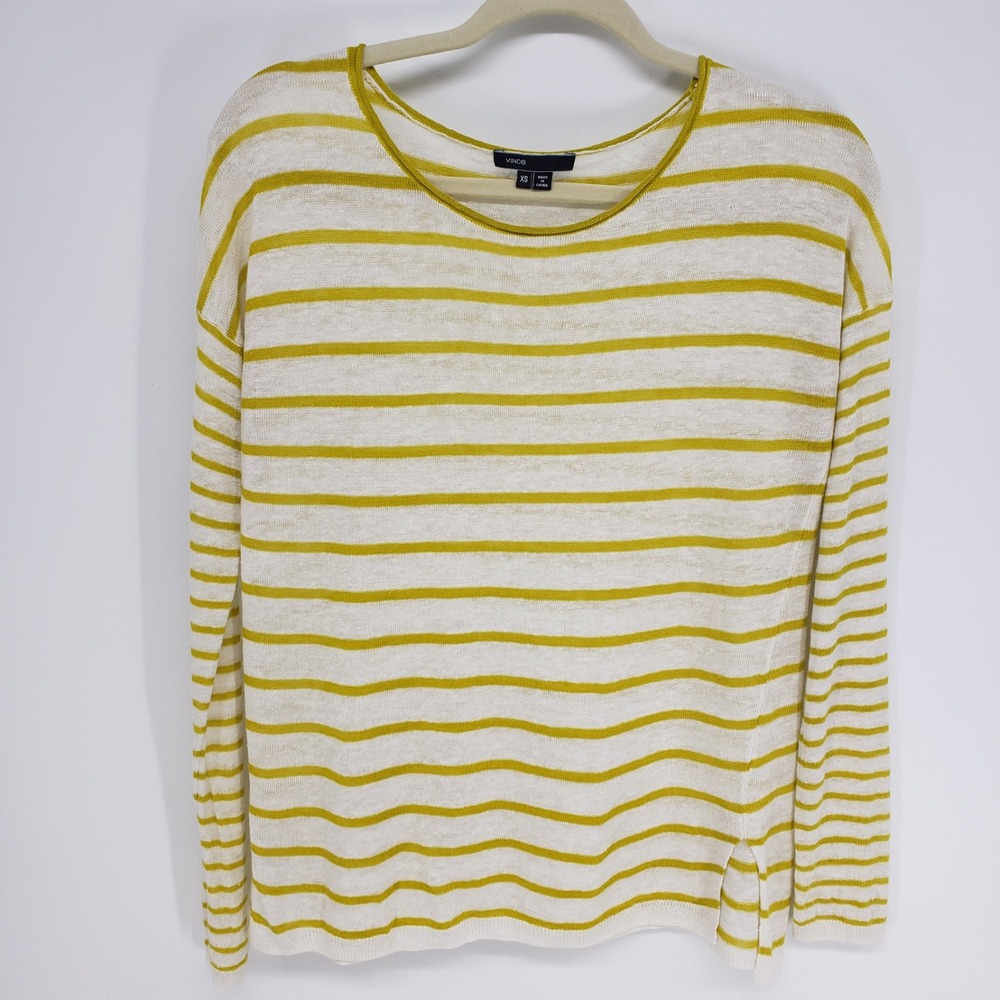 Vince‎ Striped Linen Sweater Womens XS Chartreuse Yellow White Boat Neck Relaxed